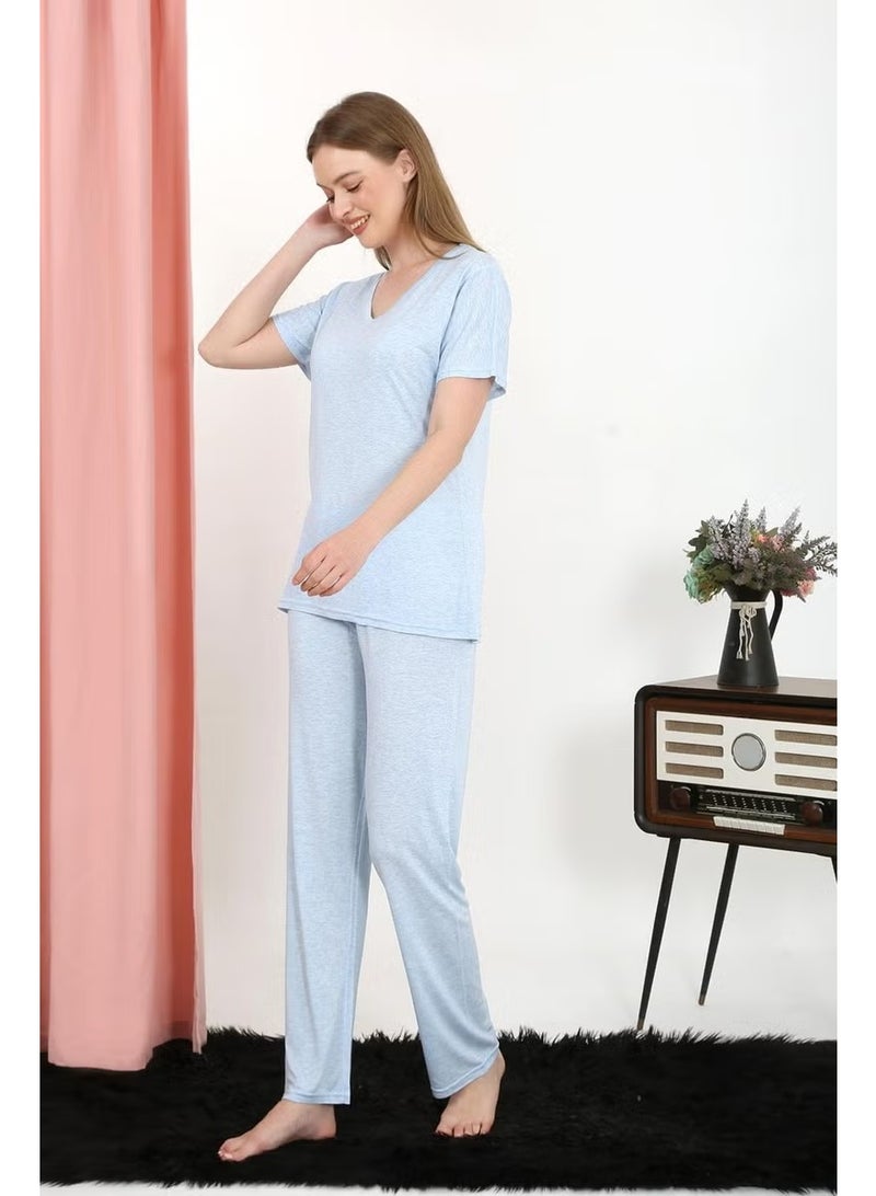 Akbeniz Women's Short Sleeve Cotton Combed Pajama Set Blue 4213 - Image 4